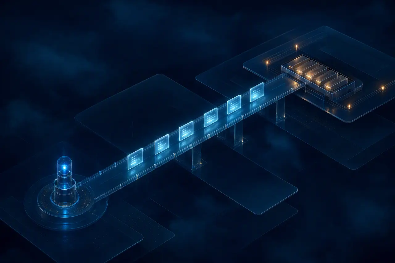 A luminous glass bridge carrying article tiles from a feed beacon to an orderly queue